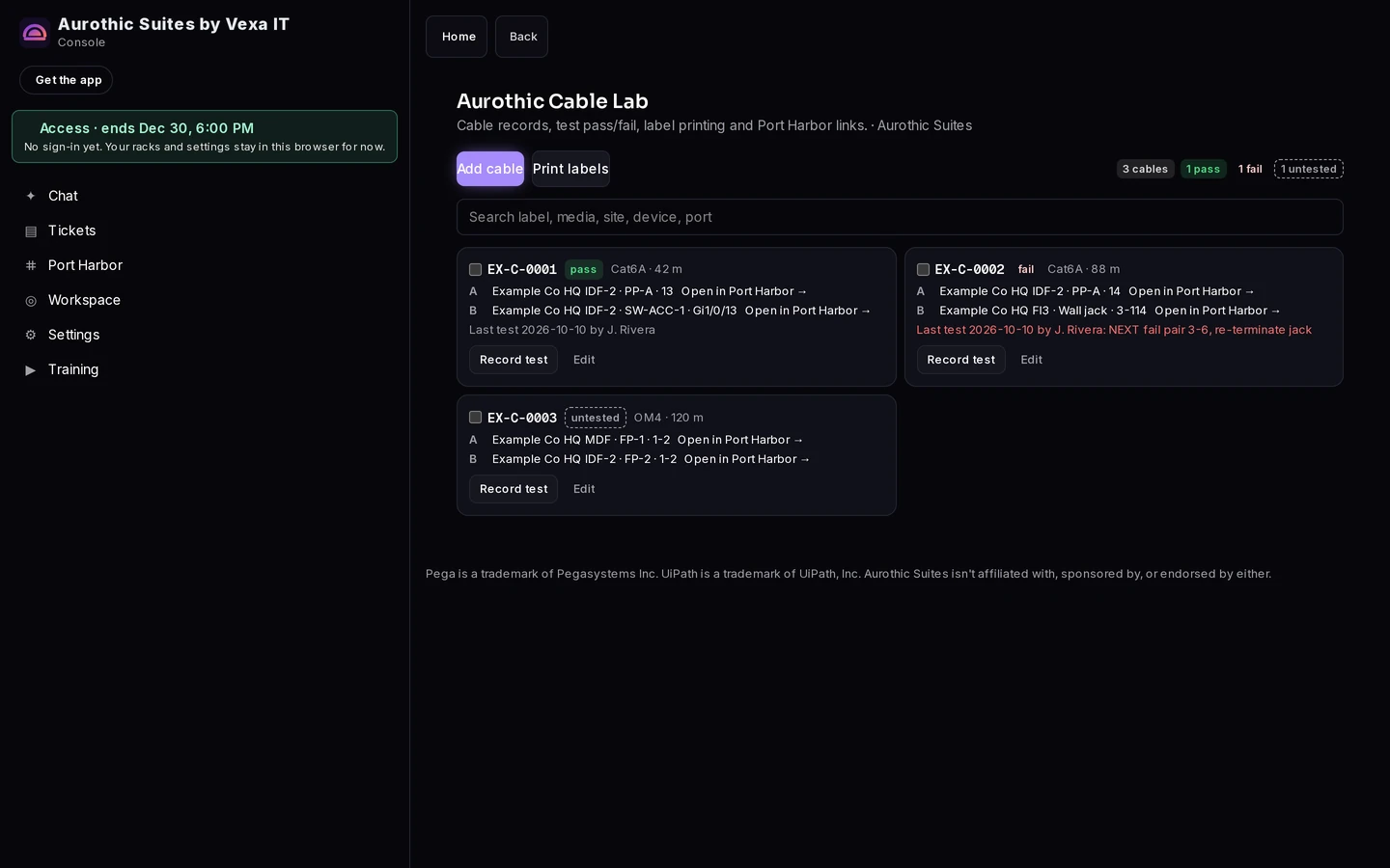 Aurothic Cable Wizard screenshot with Example Co sample data