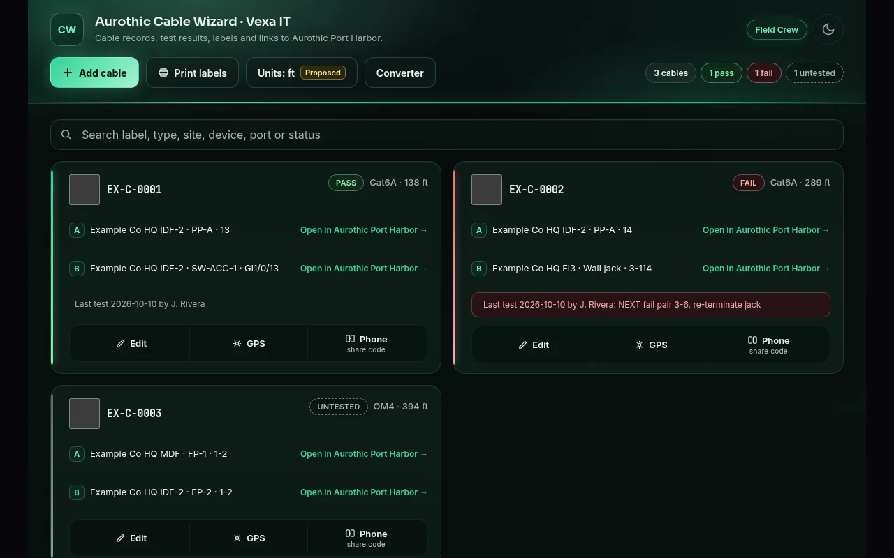 Aurothic Cable Wizard with Example Co sample data