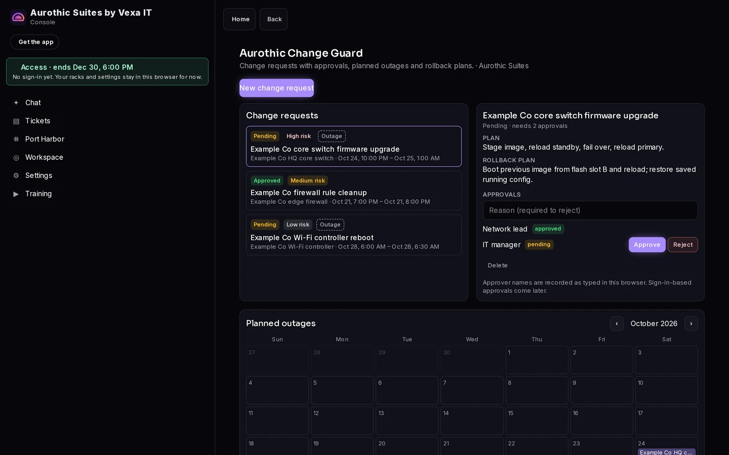 Aurothic Change Guard screenshot with Example Co sample data