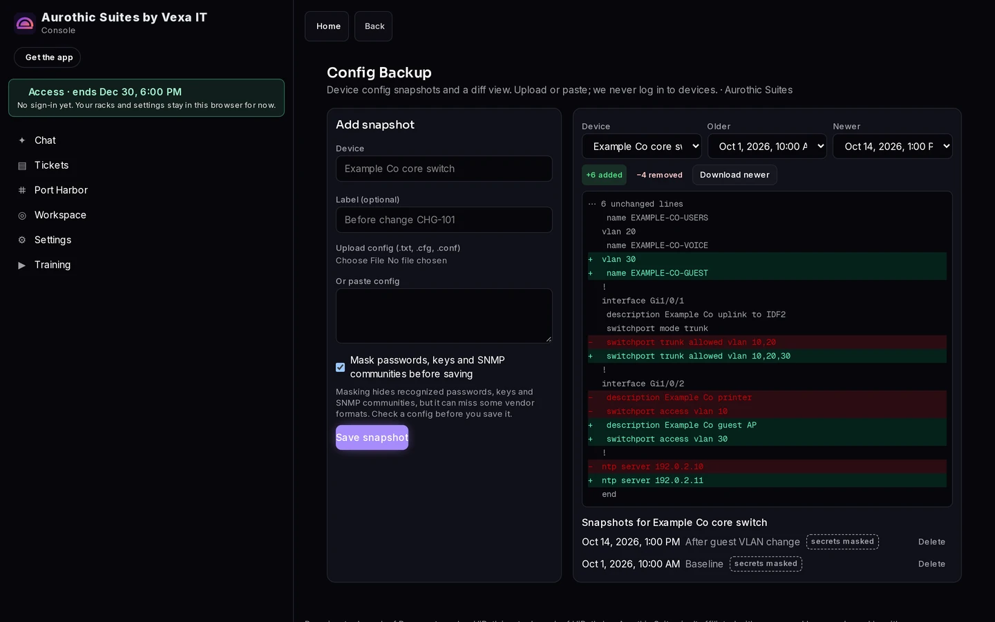 Aurothic Config Backup screenshot with Example Co sample data