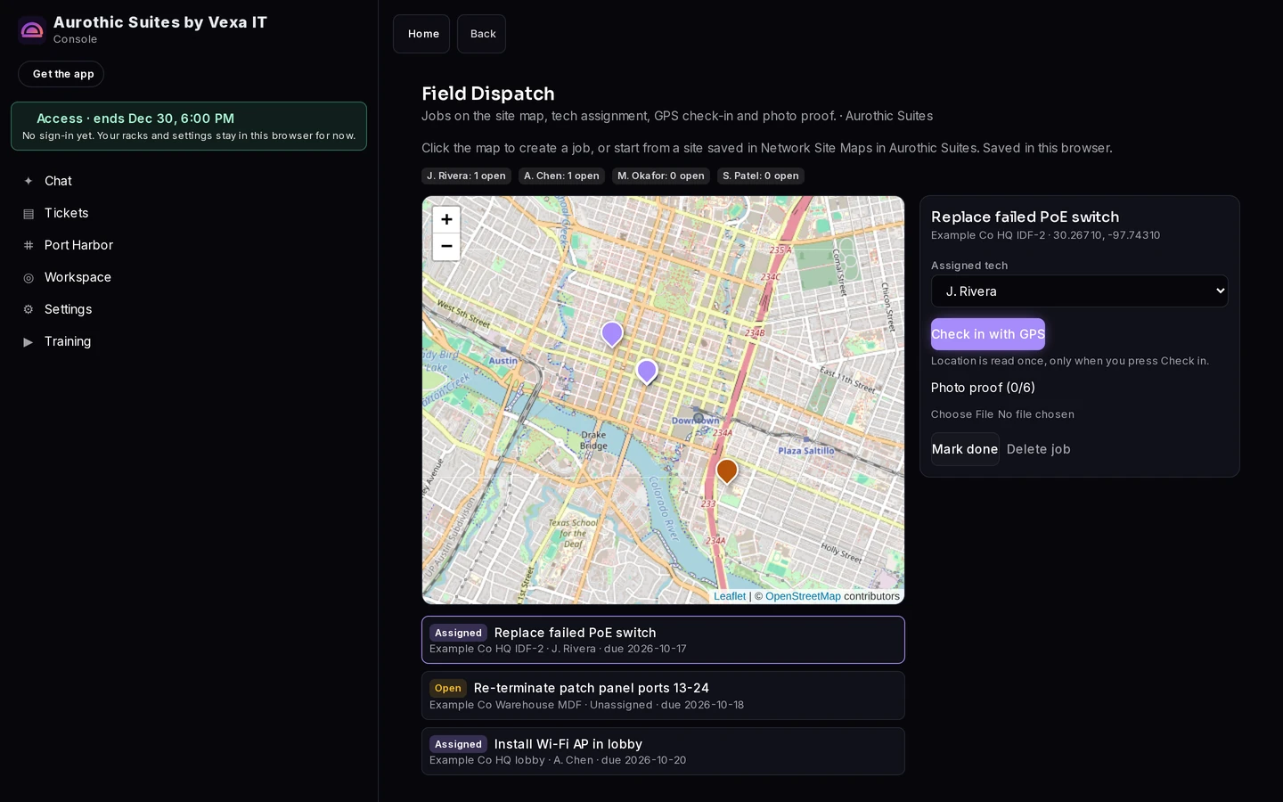 Aurothic Field Dispatch screenshot with Example Co sample data