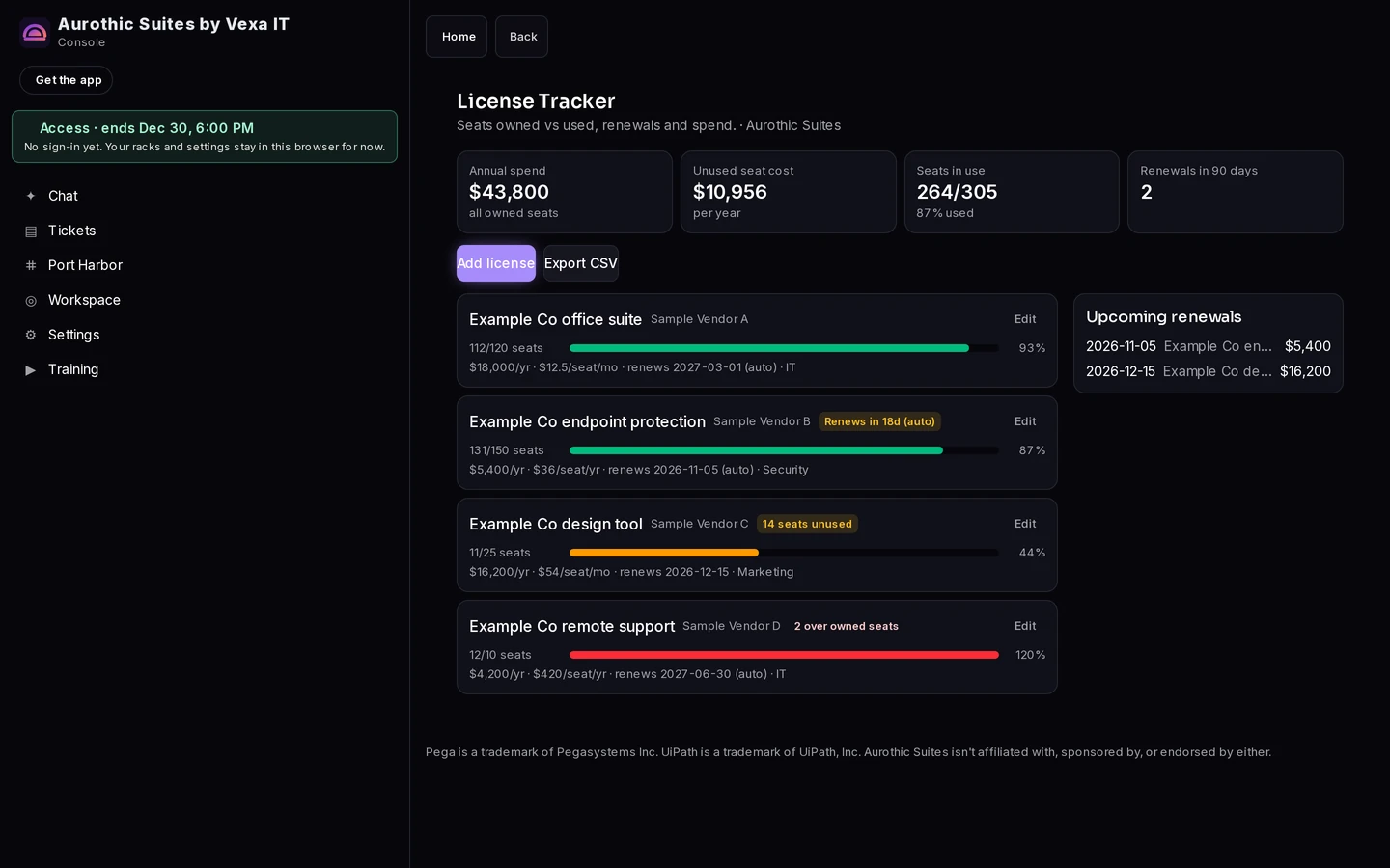 Aurothic License Tracker screenshot with Example Co sample data