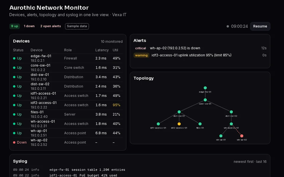 Aurothic Network Monitor screenshot with Example Co sample data