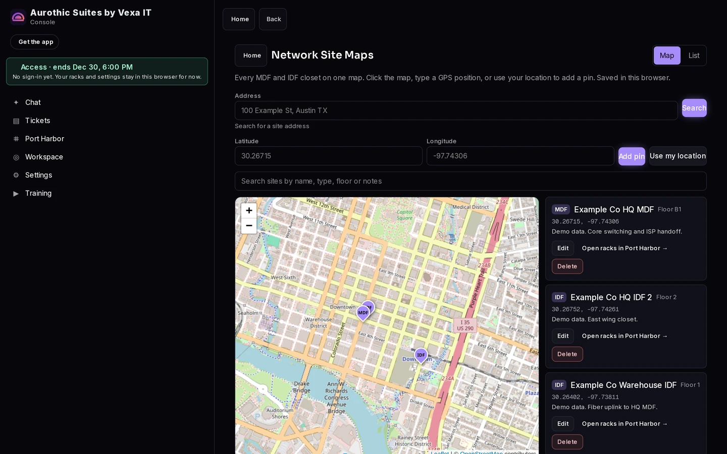 Aurothic Network Site Maps screenshot with Example Co sample data