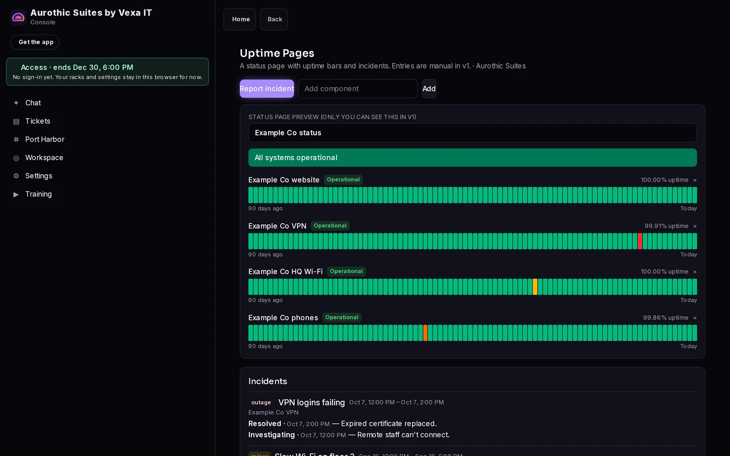 Aurothic Uptime Pages screenshot with Example Co sample data