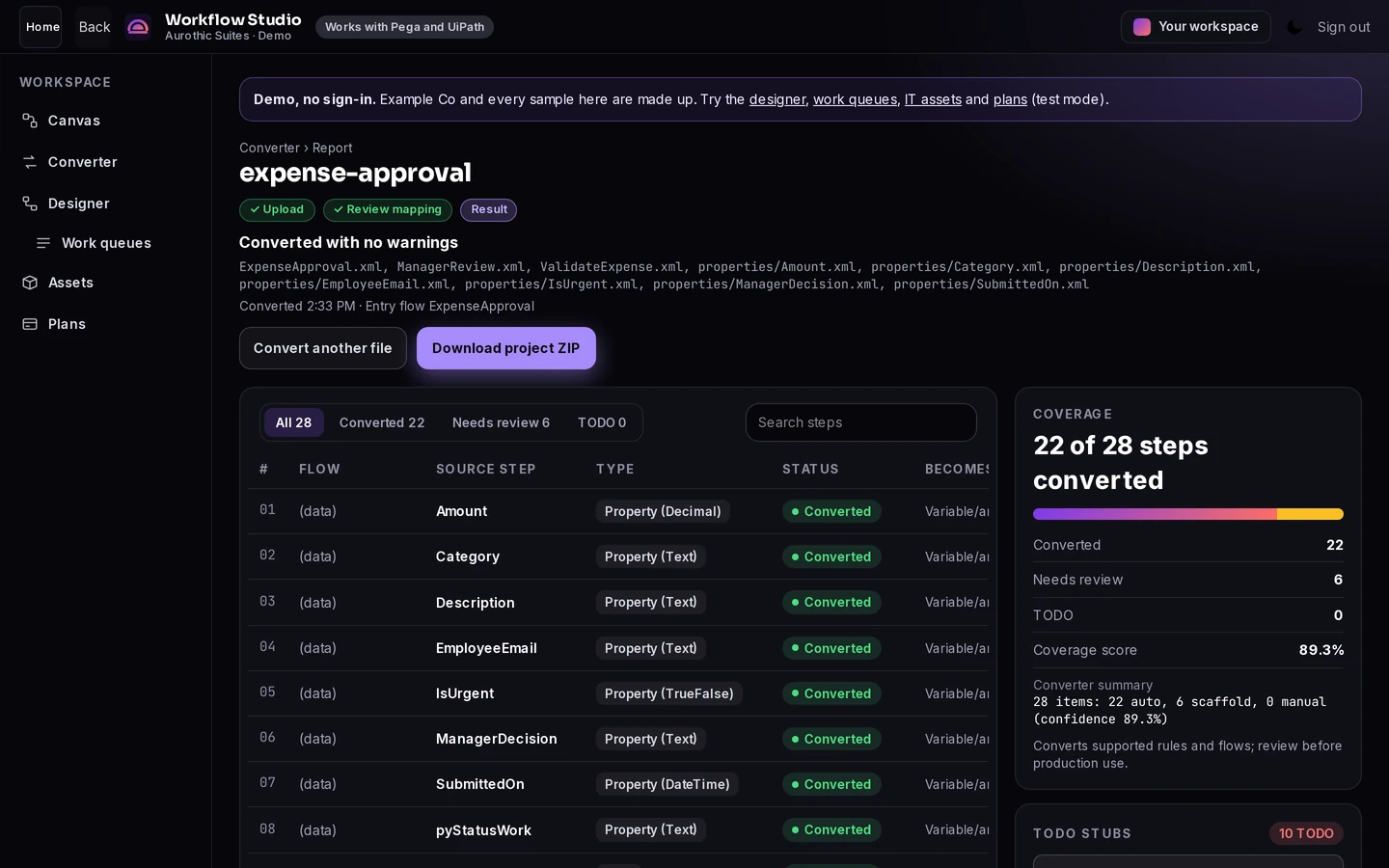 Aurothic Workflow Studio with Example Co sample data
